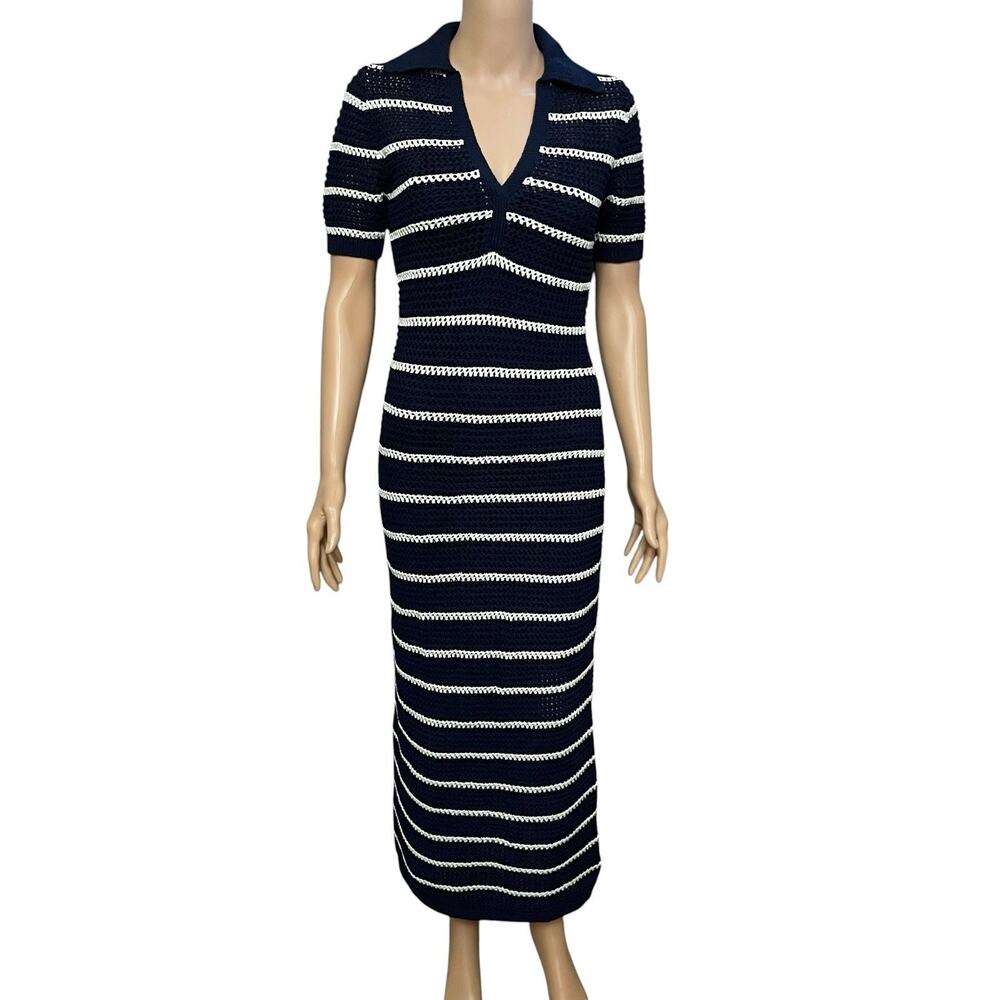 The Drop Adalyn Crochet Maxi Dress XS Striped Collared Split Neck Boho Vacation